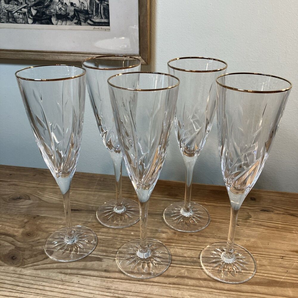 Mikasa Gold Rim Dune Grass Champagne Flute 8.75” Tall Set of 5